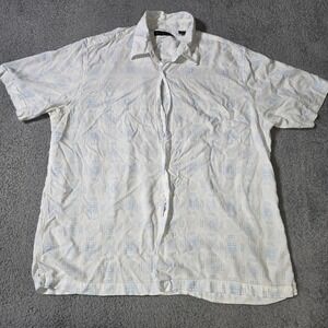 Via Europa Mens XL Button Down Shirt White Blue Geometric‎ Rayon Short Sleeve
